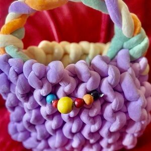 Plush Braided Handle Tote Bag in Cream with Pastel Accents